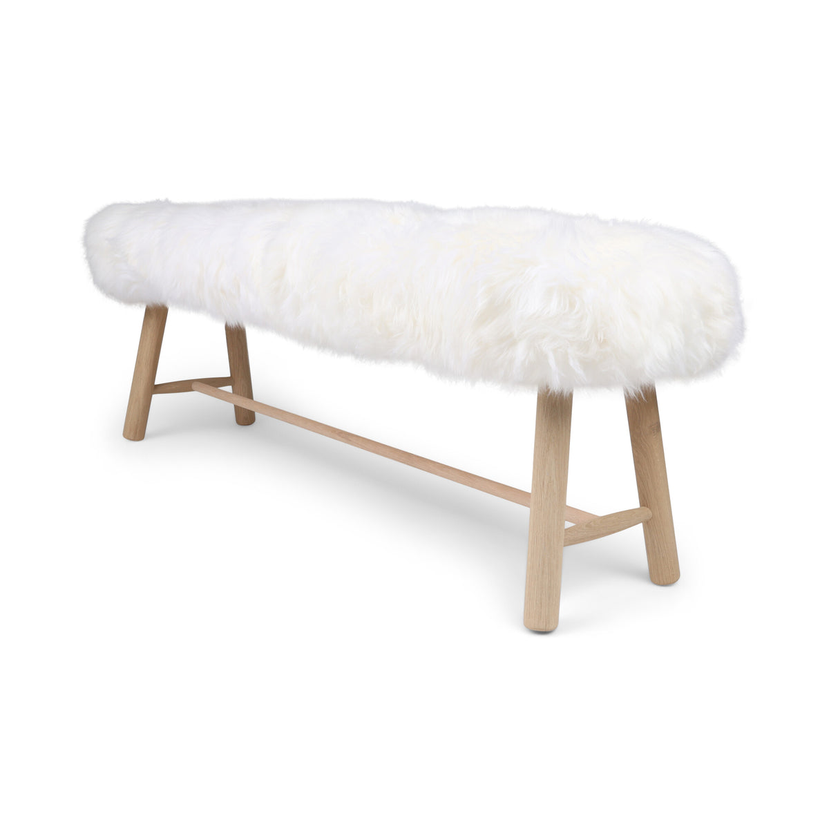 Ławka Theo | Owcza Skóra z Nowej Zelandii | Długa Wełna | 140x35x45 cm Kość słoniowa / Nogi dębowe