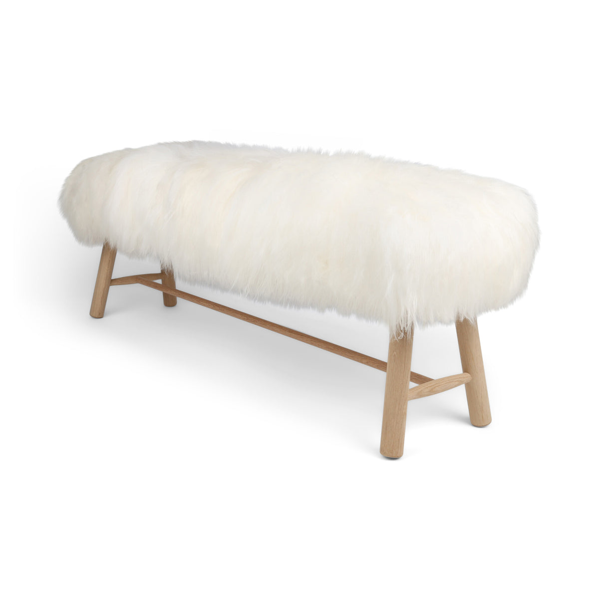 Ławka Theo | Owcza Skóra Islandzka | 140x35x45 cm Złamana biel / Nogi dębowe
