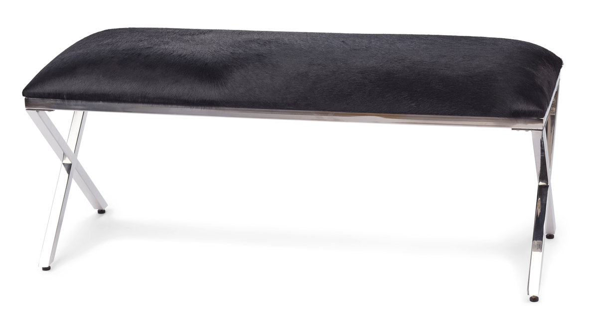 Ławka ze skóry bydlęcej | 110x42x45 cm Głęboka czerń